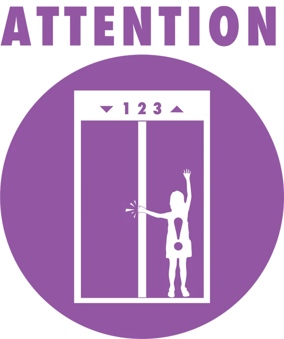 a picture of a person standing in an elevator, an album cover, by Daphne Allen, pixabay, optical illusion, purple themed, subject action : holding sign, attention, pictogram