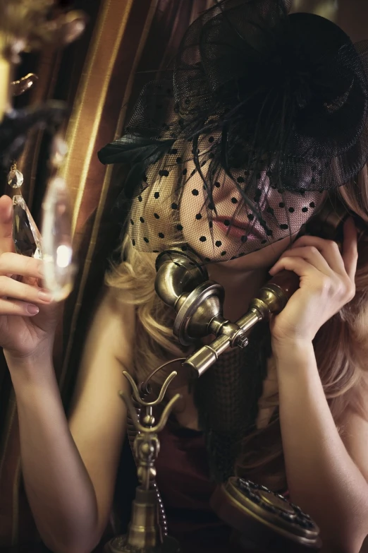 a woman talking on a telephone while holding a glass, inspired by Karl Bryullov, rococo, vivid steampunk concept, pov photo, steampunk katana, in a claustrophobic