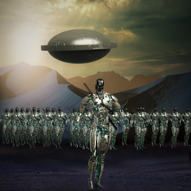 a man that is standing in front of a group of people, inspired by Igor Morski, afrofuturism, full of alien military equipment, ufo, chrome military base, photo illustration