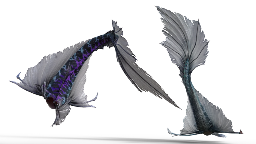 a couple of fish that are next to each other, concept art, by Gwen Barnard, zbrush central contest winner, conceptual art, flowing mane and tail, black and blue and purple scheme, high detailed thin stalagtites, silvergill adept