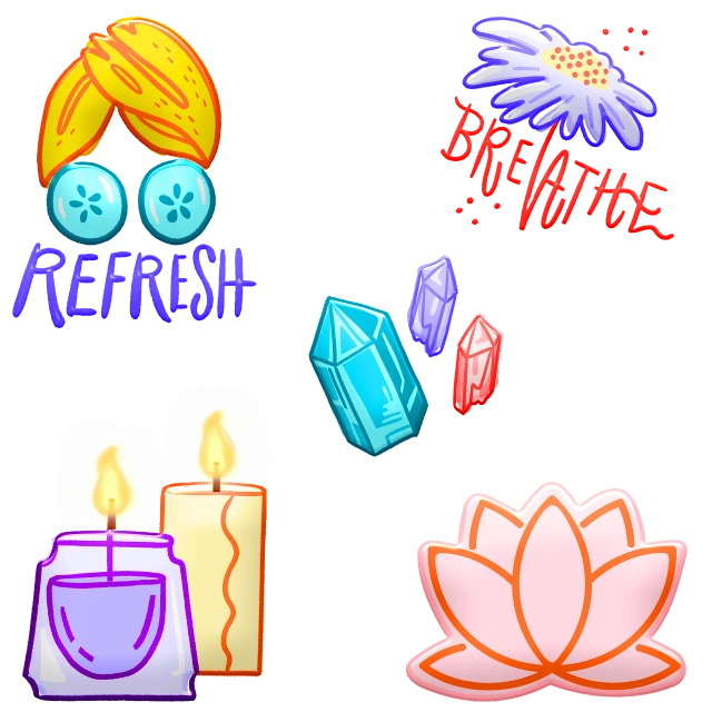 a bunch of stickers sitting on top of a table, concept art, by Pearl Frush, healing glowing lights, beautiful flowers and crystals, clipart icon, breathe