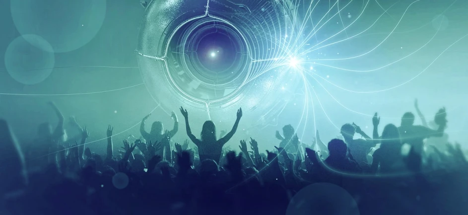 a crowd of people with their hands in the air, digital art, shutterstock, digital art, futuristic ballroom. big eyes, giant speakers, profile image, the inside of a ufo