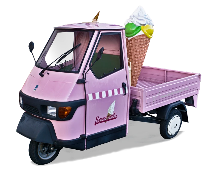 a pink ice cream truck with an ice cream cone in the back, by Francesco Raibolini, renaissance, speeder, promo photo, 8 8 8 8, front view 2 0 0 0