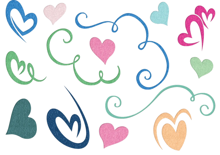 a bunch of different colored hearts on a black background, chalk art, inspired by Peter Alexander Hay, deviantart, graffiti, soft twirls curls and curves, blue and pink colors, embroidery, photoshop brush