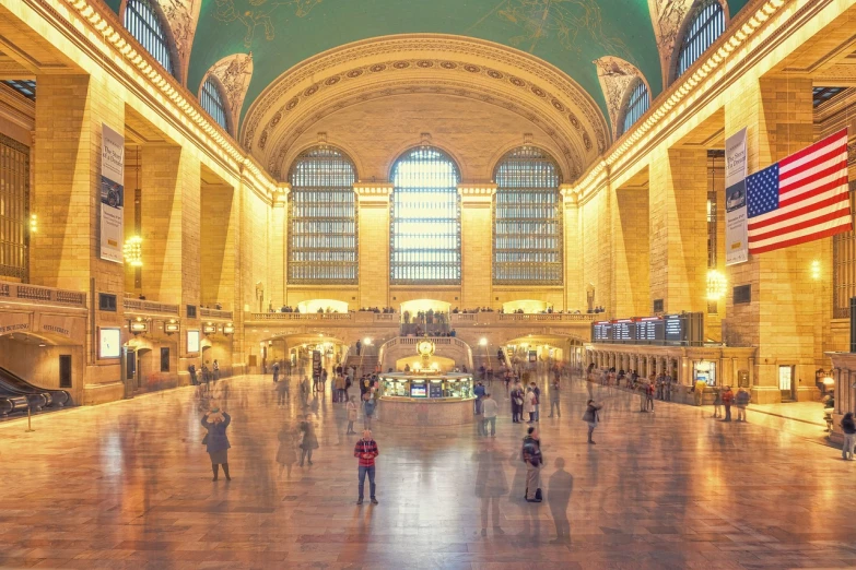 a large room filled with lots of people, by Kurt Roesch, shutterstock, train station background, ny, sweeping arches, sienna