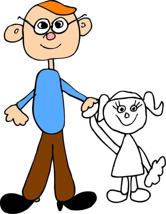 a man and a little girl holding hands, inspired by Bill Watterson, naive art, standing with a black background, ms paint drawing, john egbert, from family guy