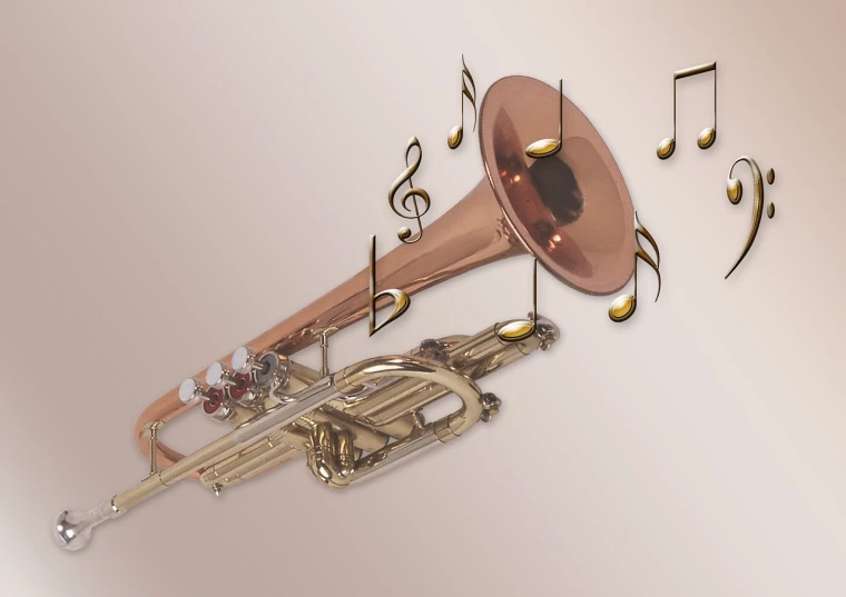 a musical instrument with musical notes coming out of it, a digital rendering, by Brian Thomas, brass copper, on a pale background, trumpet, photo realistic style