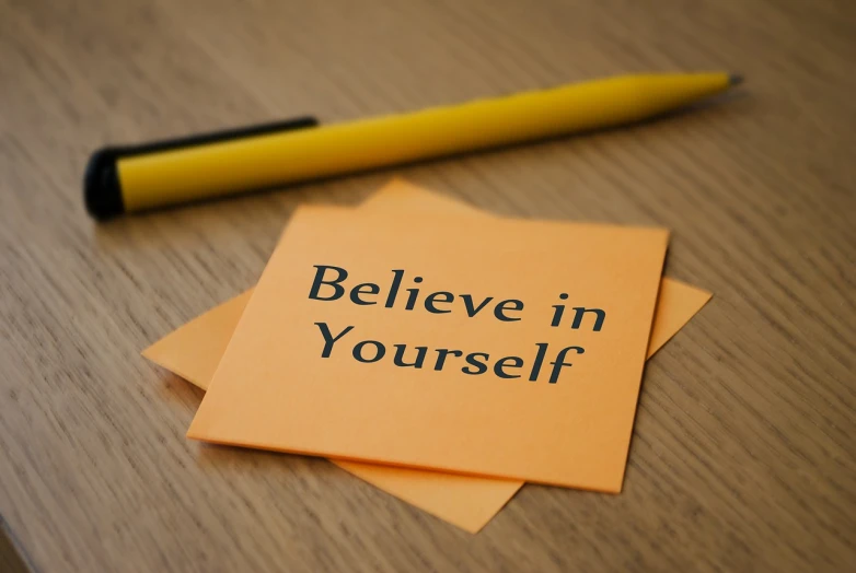 a piece of paper with the words believe in yourself written on it, a picture, pixabay, happening, yelow, stock photo, 🦩🪐🐞👩🏻🦳, positive atmosphere