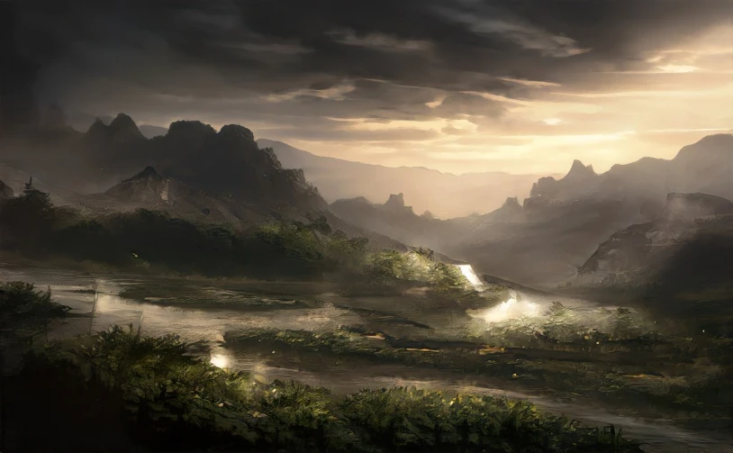 a painting of a river with mountains in the background, a matte painting, Artstation contest winner, fantasy art, ghost of tsushima, morning dramatic cinematic light, 4k vertical wallpaper, overlooking a valley