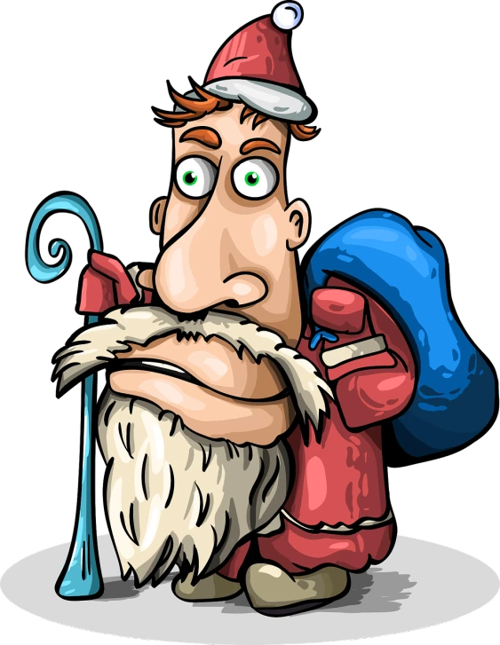 a cartoon man with a backpack and a backpack, a digital rendering, inspired by Johannes Helgeson, shutterstock, santa claus, close - up photo, very silly looking, cartoon style illustration