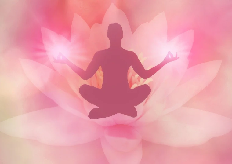 a person sitting in the middle of a lotus flower, a digital rendering, bright glowing translucent aura, yoga pose, pink, not cropped