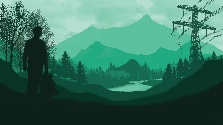 a man that is standing in the grass with a skateboard, a digital painting, inspired by Eyvind Earle, conceptual art, mountains in the distance, skyrim intro, detailed wide shot, cyan and green