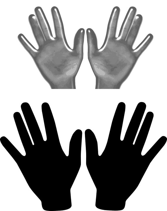 a pair of black gloves sitting next to each other, a digital rendering, inspired by Ștefan Luchian, hurufiyya, black and white vector, big hands, three fourths view, organs