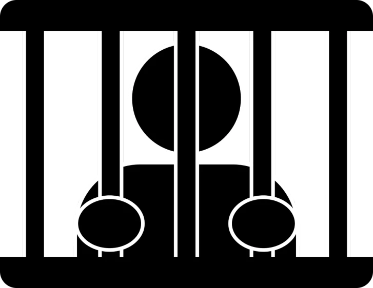 a black and white image of a man in a jail cell, a digital rendering, inspired by Andrei Kolkoutine, dribble, art nouveau, abstract logo, harp, symmetrically centered, ( ( railings ) )