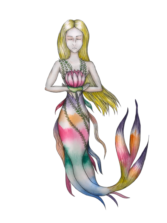 a drawing of a mermaid with long blonde hair, a digital rendering, deviantart contest winner, standing gracefully upon a lotus, with a black background, mixed media style illustration, dressed in colorful silk