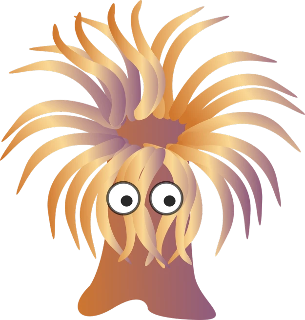 a close up of a person's face with long hair, inspired by Pinchus Kremegne, pixabay contest winner, mingei, orange fluffy spines, tubular creature, anemone, harry volk clip art style