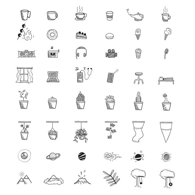 a bunch of black and white icons on a white background, lineart, minimalism, in a coffee shop, stick and poke, summer morning, different point of view