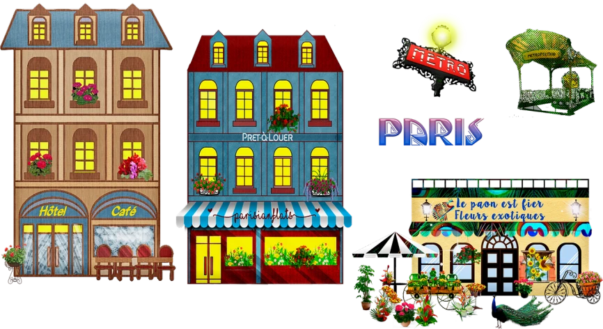 a bunch of buildings that are next to each other, pixel art, by Petr Brandl, pixel art, flower shop scene, paris 2010, banner, taverns nighttime lifestyle
