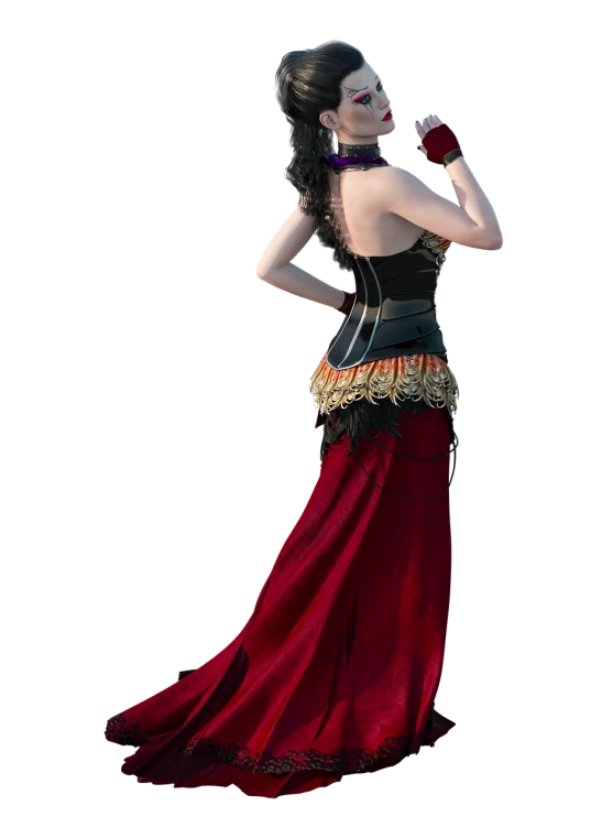 a woman in a red skirt posing for a picture, inspired by Delphin Enjolras, polycount contest winner, renaissance, wearing a steampunk sari, skinny female artist back view, very beautiful goth top model, from final fantasy xiii