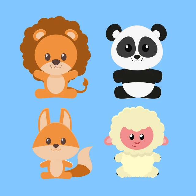 a group of cartoon animals sitting next to each other, vector art, furry art, cute panda, lion icon, sheep, sticker illustration