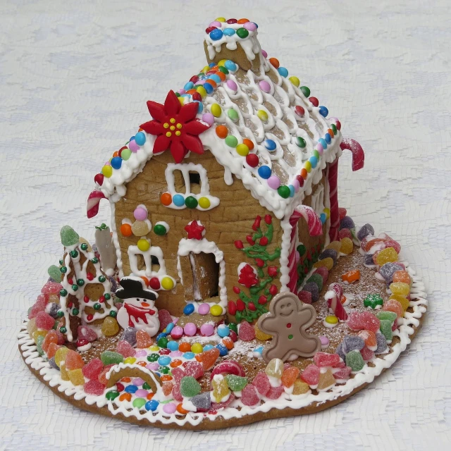 a close up of a gingerbread house on a plate, by Susan Heidi, renaissance, high detailed photo, highly detailed and colored, 3/4 view from below, 2 0 1 0 photo