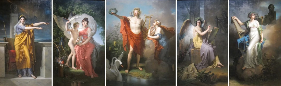 a painting of a group of women standing next to each other, inspired by François Joseph Heim, flickr, neoclassicism, portrait of greek god ares, persephone in spring, triptych, standing triumphant and proud