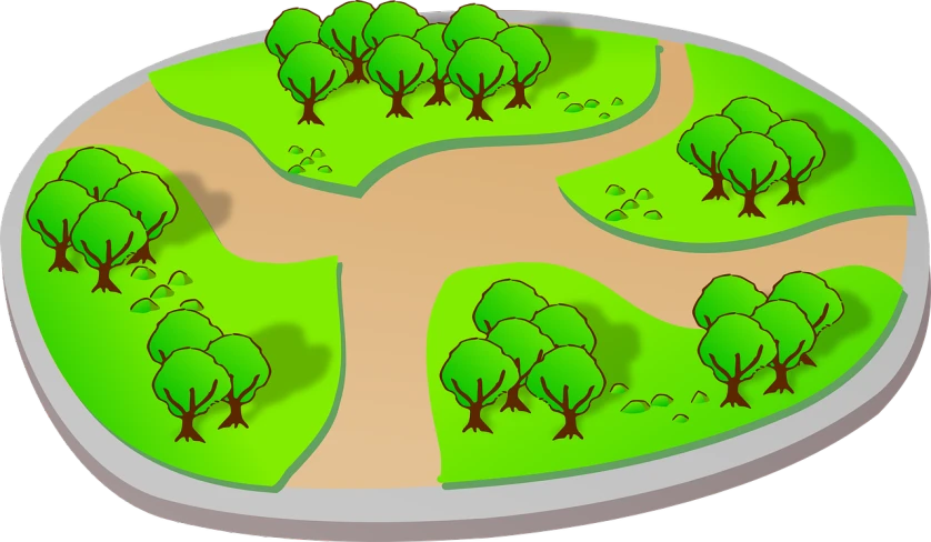 an aerial view of a road surrounded by trees, concept art, inspired by Luigi Kasimir, pixabay, random circular platforms, !!! very coherent!!! vector art, walking at the park, map of fantacy world