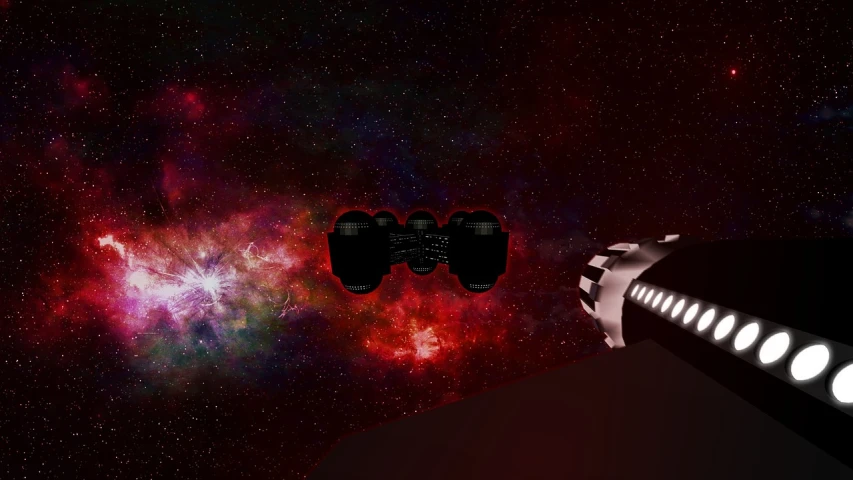 a spaceship flying through a space filled with stars, a 3D render, inspired by Robert Zünd, roblox screenshot, red nebula, 3rd-person camera!, an scp anomalous object