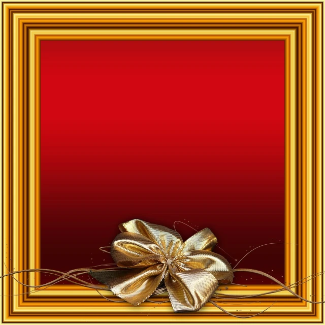 a golden frame with a bow on a red background, a picture, flower frame, distant photo, draped in shiny gold and silver, square pictureframes