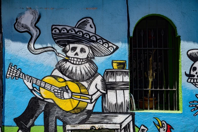 a painting of a skeleton playing a guitar, inspired by Ángel Botello, pexels contest winner, street art, outside a saloon, unknown artist, colombian, shot on 7 0 mm