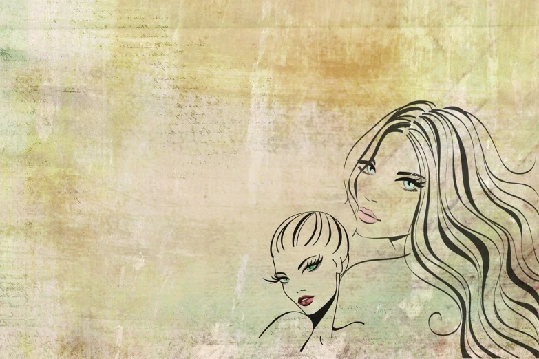 a drawing of a woman holding a baby, vector art, by Edna Mann, trending on pixabay, pop art, faded background, rendering of beauty pageant, on old paper, fashion model face