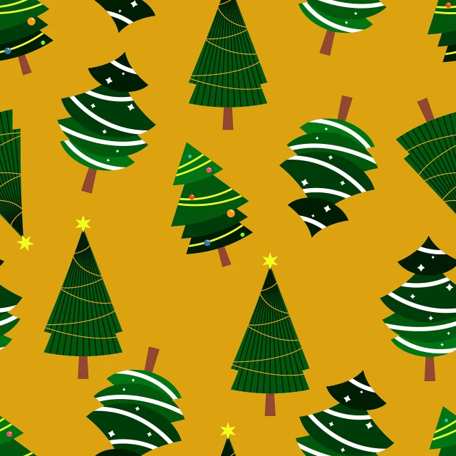 a pattern of christmas trees on a yellow background, a cartoon, inspired by Ernest William Christmas, shutterstock, 1128x191 resolution, trees and stars background, pose 1 of 1 6, wrapped