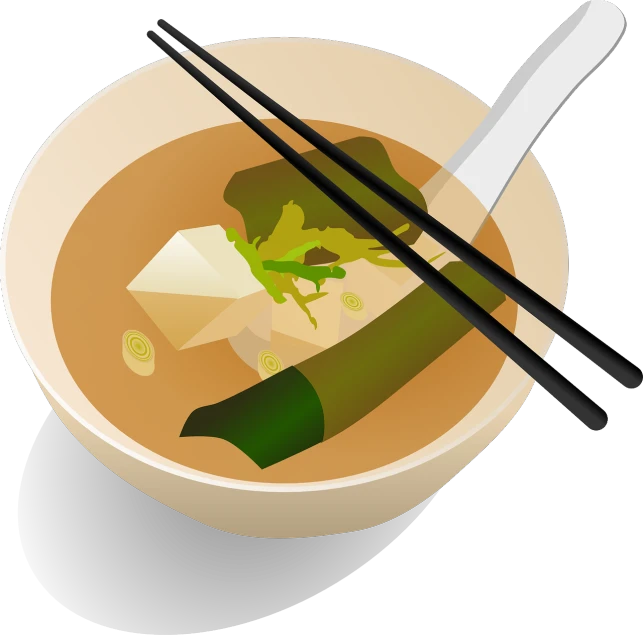 a bowl of soup with chopsticks and broccoli, a digital rendering, inspired by Masamitsu Ōta, sōsaku hanga, cubic, an instrument, (fish eye), straw
