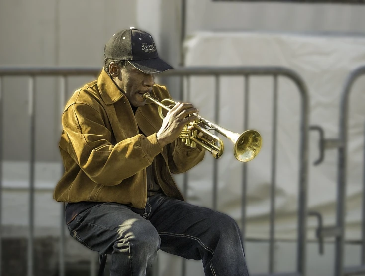 a man sitting on a bench playing a trumpet, by Scott M. Fischer, pexels contest winner, photorealism, blind brown man, in a las vegas street, tonemapped, band playing