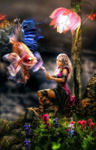 a woman sitting on top of a rock next to a flower, fantasy art, betta fish, fantasy gorgeous lighting, fish in the background, pic
