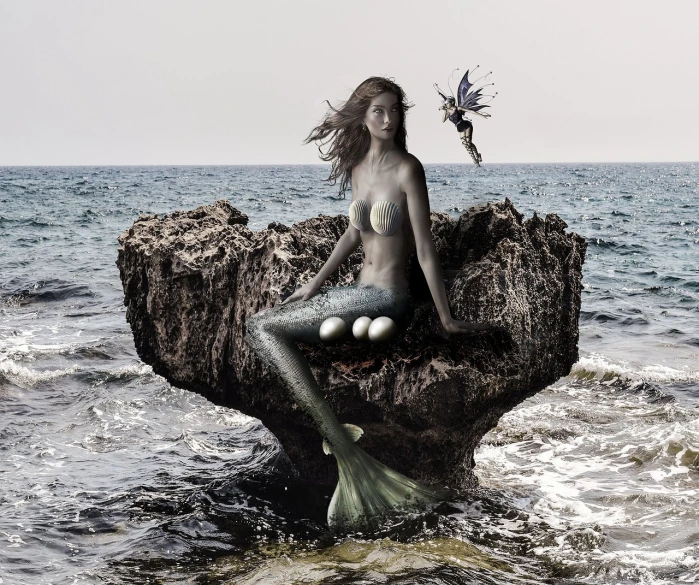 a mermaid sitting on a rock in the ocean, a digital rendering, inspired by Igor Morski, fantasy art, digital art. photo realistic, also known as artemis or selene, knight of cups, pearl