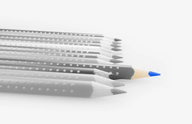 a group of pencils sitting on top of each other, a stipple, by david rubín, behance, blue and grey, ultra ambient occlusion, drawn with dots, product design shot