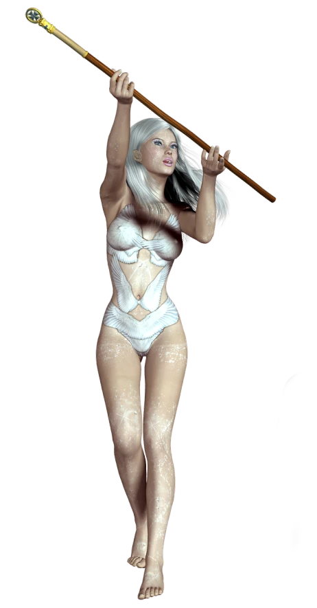 a woman in a white bodysuit holding a baseball bat, a 3D render, inspired by Jan Baptist Weenix, fantasy art, bladed wings lace wear, white hair!!!!, second life avatar, npc with a saint's halo