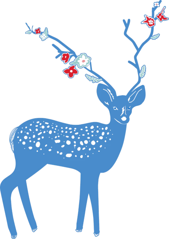 a blue deer with flowers on it's antlers, a digital rendering, folk art, beijing, spots, heilung, blue-black