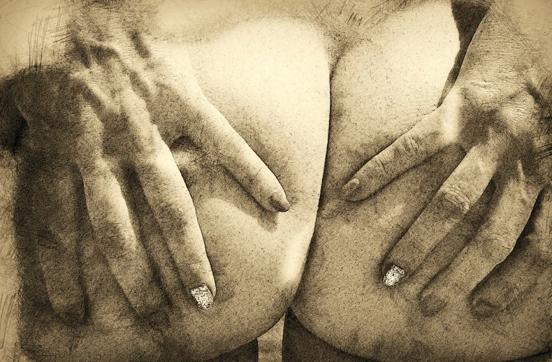 a close up of a person with a ring on their chest, a stipple, inspired by Hans Bellmer, flickr, fine art, toned derriere, hands behind her pose!, bum, 40 years old