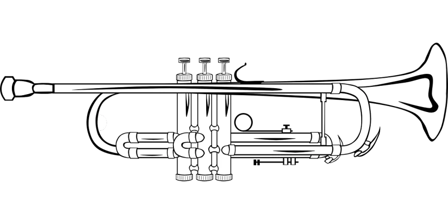 a black and white picture of a trumpet, vector art, inspired by Oskar Lüthy, bauhaus, 2 d game lineart behance hd, pipes and valves, white metal, on a flat color black background
