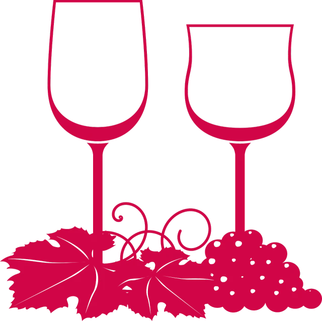 a couple of wine glasses sitting next to a bunch of grapes, by Joseph Henderson, pixabay, art nouveau, hot pink and black, detailed silhouette, listing image, lacquered glass