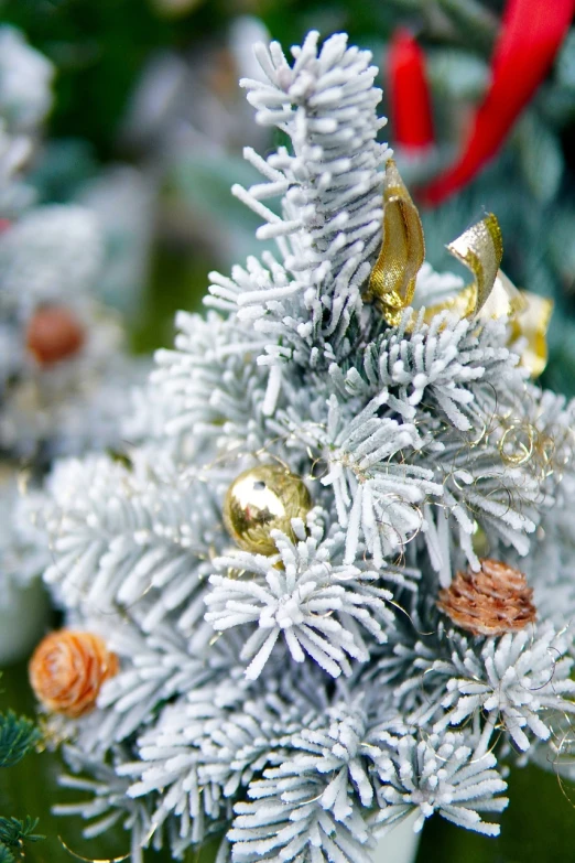 a close up of a christmas tree with ornaments, romanticism, with frozen flowers around her, closeup - view, light grey blue and golden, photorealistic detail