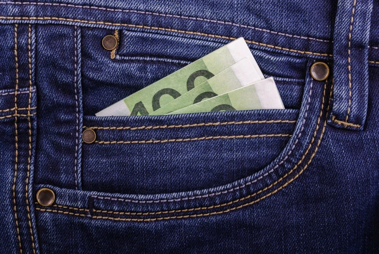 a money bill sticking out of the back pocket of a pair of jeans, a stock photo, by Niko Henrichon, figuration libre, cad, packshot, morning detail, productphoto