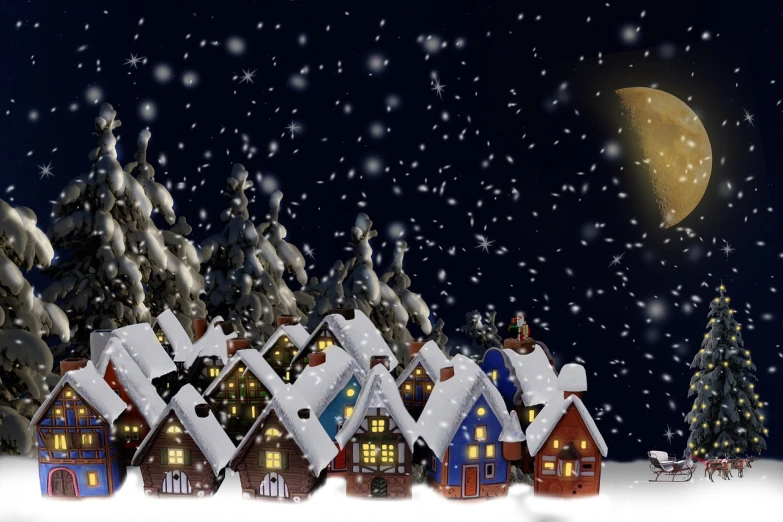 a group of small houses sitting on top of a snow covered ground, a digital rendering, shutterstock, naive art, christmas night, wide shot photo, hd —h 1024, banner