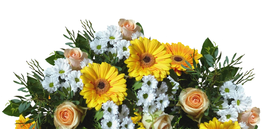 a vase filled with yellow and white flowers, a digital rendering, inspired by François Boquet, pixabay, different closeup view, orange flowers, detailed picture, bright on black