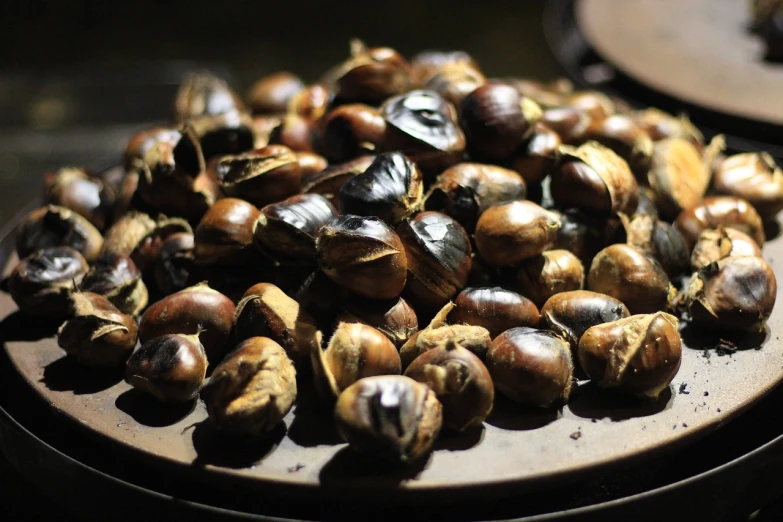 a pile of roasted chestnuts on a plate, a portrait, by Yasushi Sugiyama, pexels, hurufiyya, night life, snail, sichuan, 6 0 0 mm