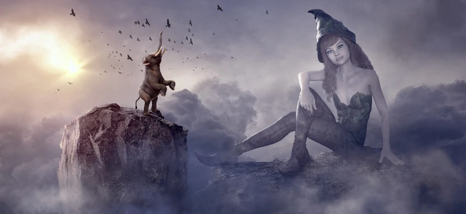 a woman sitting on top of a rock next to a dog, inspired by Igor Morski, trending on cg society, fantasy art, with horns, lalafell, in a dream world, dunce