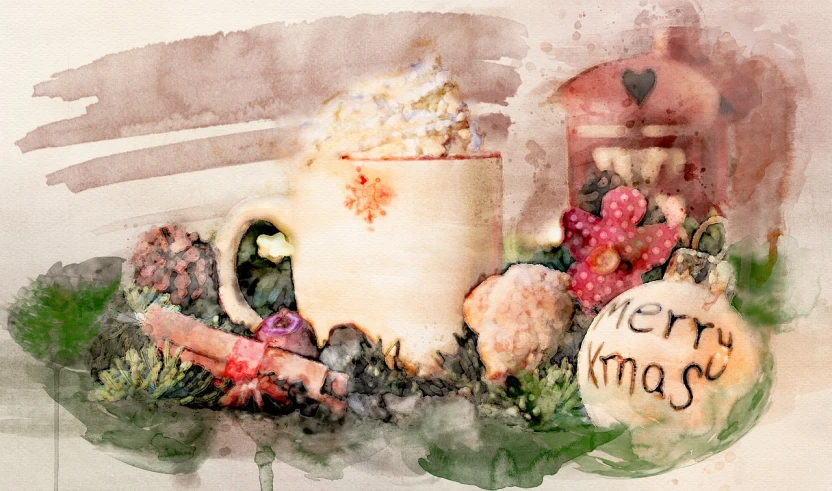 a painting of a cup of coffee on a table, a watercolor painting, inspired by Zsuzsa Máthé, winter scene fantasy, background image, santa's workshop, mixed media style illustration