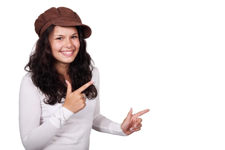 a woman in a hat pointing at something, a stock photo, realism, rated t for teen, browns and whites, happy girl, brown clothes